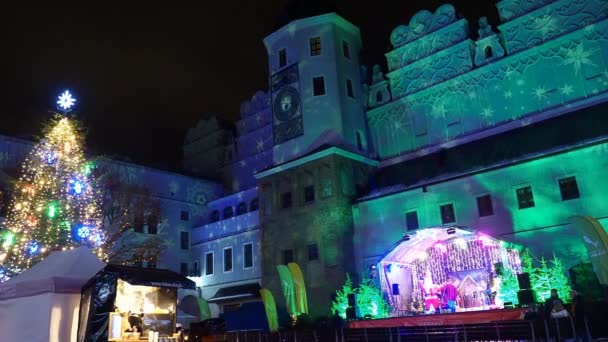Castello Ducale Szczecin Castello Dei Duchi Pomerania Illuminato Natale Festività — Video Stock