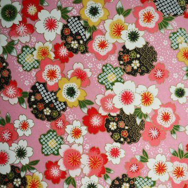 Pembe arka planda çiçek temalı geleneksel Japon desenleri.
