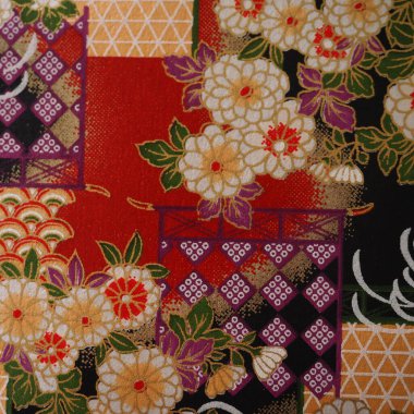 Geleneksel Japon çiçek desenleri - Kasımpatı, geometrik motifler ve zengin renkler içeren geleneksel Japon çiçek desenleri. Özgeçmiş, el sanatları, moda ve kültürel veya dekoratif temalar için uygun detaylı bir tekstil tasarımı.
