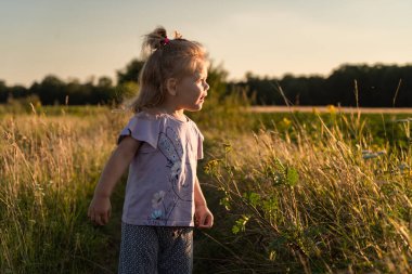 Küçük bir kız ilginç bir şekilde tarlanın ortasında duruyor ve uzaklığa bakıyor. Güneş bir yaz akşamında yüzünü kolayca aydınlatıyor.