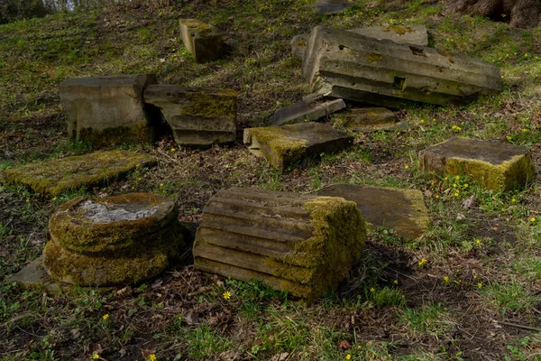 Eski harabe sütunlar, Roma tarzında çimen sütunlarının ortasında yosunlarla kaplanmış.