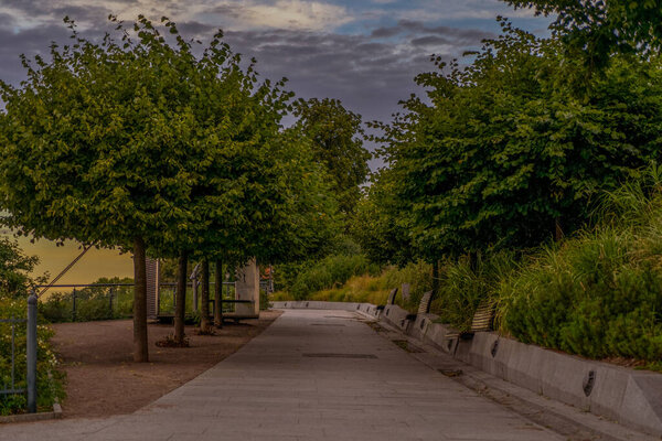 A view of a pathway in the middle of a green park.