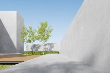 Tahta teraslı ve beton duvarlı 3D dış görünüm..