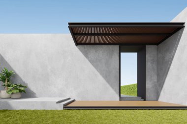 3d render of exterior with wooden terrace and concrete building wall. clipart