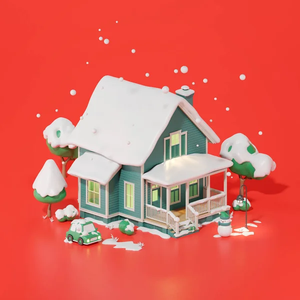 Isométrica Casa Navidad Con Nieve Renderizado — Foto de Stock