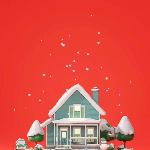 赤い雪のクリスマスの家 3Dレンダリング — ストック写真