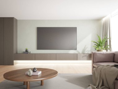 Televizyon ekranı ve kanepesi olan modern oturma odasının 3 boyutlu görüntüsü.