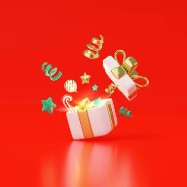 Kırmızı arka planda izole edilmiş Noel süslemesi olan 3D hediye kutusu.