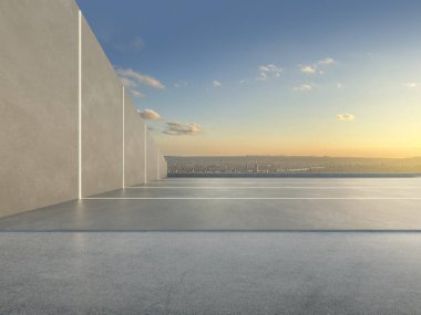 Boş beton zemin ve araba sunumu arka planına sahip modern mimarinin 3D görüntüsü.