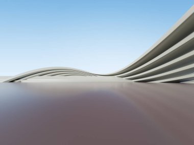 Soyut fütüristik mimarinin boş beton zeminli 3D görüntüsü.