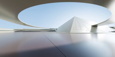 Soyut fütüristik mimarinin boş beton zeminli 3D görüntüsü.