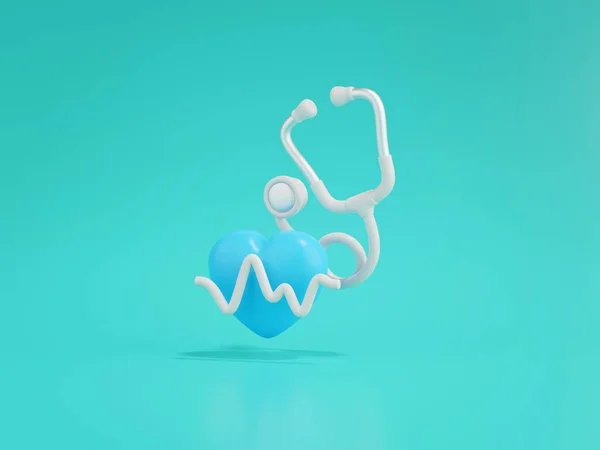 3d render of stethoscope and heart with pulse rate icon