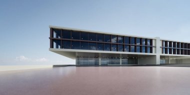 Boş beton zeminli modern fütüristik mimarinin 3D görüntüsü.