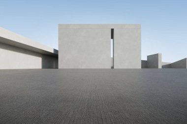 Boş beton zemin ve araba sunumu arka planına sahip üç boyutlu soyut beton mimari.
