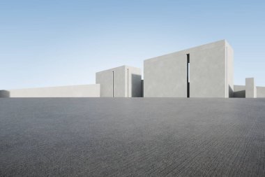 Boş beton zemin ve araba sunumu arka planına sahip üç boyutlu soyut beton mimari.