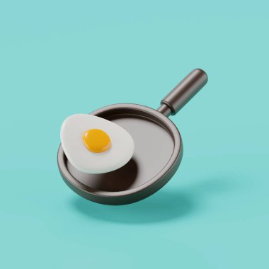 Kızartma tavasında 3 boyutlu yumurta rendesi yeşilde izole edilmiş..