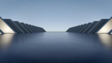 Boş beton zemin ve dekorasyon aydınlatması ile soyut fütüristik mimarinin 3D görüntüsü.