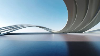 Soyut fütüristik mimarinin boş beton zeminli 3D görüntüsü.