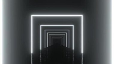 Karanlıkta parlayan geometrik neon ışık tüneli. Döngü 3d canlandırması.