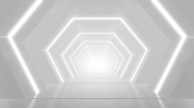 Soyut beyaz fütüristik geometrik tünel, mimari tasarım konsepti, 3D görüntüleme.
