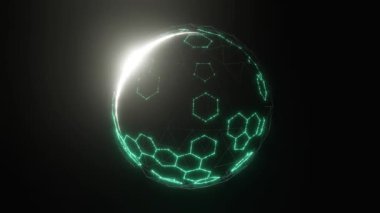 Karanlık küre üzerinde soyut parlayan geometrik kablo, dijital ağ konsepti, döngü animasyonu.