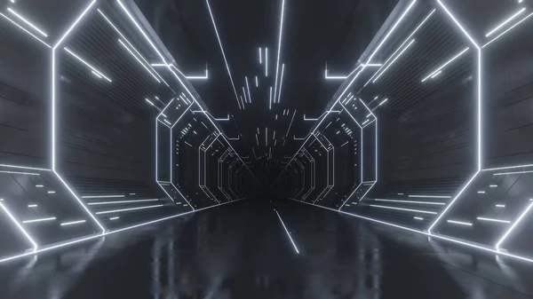 深部抽象科幻隧道 未来派宇宙飞船走廊3D渲染 — 图库照片