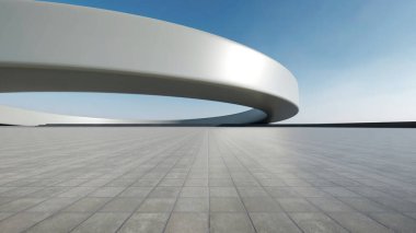 Soyut fütüristik mimarinin boş beton zeminli 3D görüntüsü.