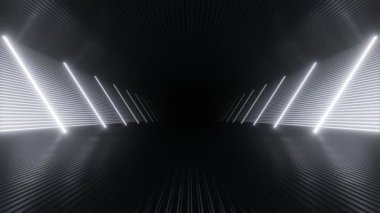 Neon ışığı, döngü animasyonu olan soyut karanlık bilim kurgu fütüristik tünel alanı.