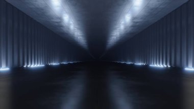 Karanlık soyut bilim kurgu tünelinin neon ışığı, gelecekteki uzay gemisi koridorlu 3D görüntüsü.