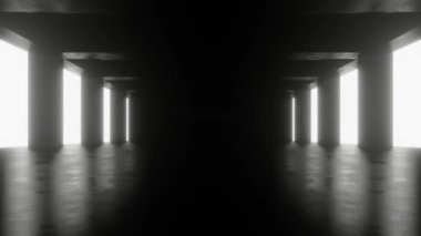 Soyut karanlık bilim kurgu, neon ışığı, döngü animasyonu olan fütüristik beton tünel alanı.