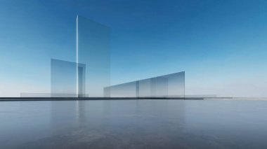 Soyut fütüristik cam mimarisinin boş beton zeminli 3D görüntüsü.