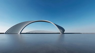 Soyut fütüristik mimarinin boş beton zeminli 3D görüntüsü.