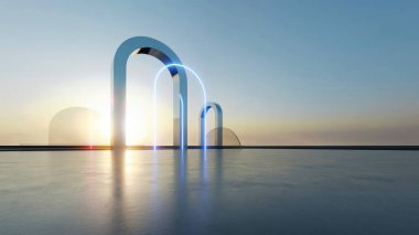 Neon ışıklı ve boş beton zeminli soyut fütüristik kemer mimarisinin 3D görüntüsü.