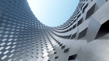 Dalgalı dış görünüşlü soyut modern mimari, 3D görüntüleme.