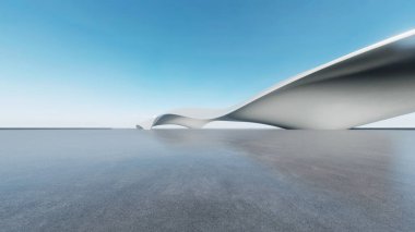 Üç boyutlu soyut fütüristik mimari ve boş beton zemin. Araba sunumu için sahne.