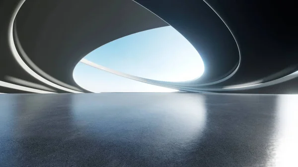 Återgivning Abstrakt Futuristisk Arkitektur Med Tomt Betonggolv Scen För Bilpresentation — Stockfoto
