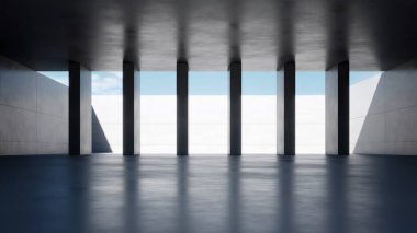 Boş beton zeminli koyu soyut mimarinin 3D görüntüsü.