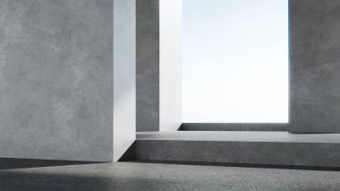 Üç boyutlu boş beton oda ve büyük pencereden içeri güneş ışığı giriyor. Beton zeminli soyut mimari.