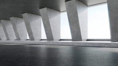 Üç boyutlu boş beton oda ve büyük pencereden içeri güneş ışığı giriyor. Beton zeminli soyut mimari.