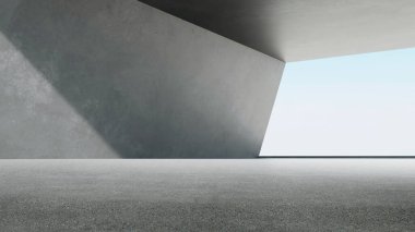 Üç boyutlu boş beton oda ve büyük pencereden içeri güneş ışığı giriyor. Beton zeminli soyut mimari.
