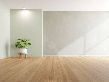 3d rendering of empty room with wooden floor and concrete wall.