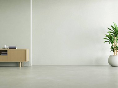 Beyaz duvarlı ve beton zeminli boş odanın 3D görüntüsü.