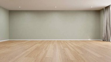 3d rendering of empty room with wooden floor and concrete wall.