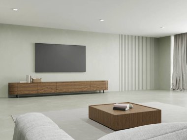 Televizyon ekranı ve beyaz duvarda ahşap dolap olan modern oturma odasının 3 boyutlu canlandırması.