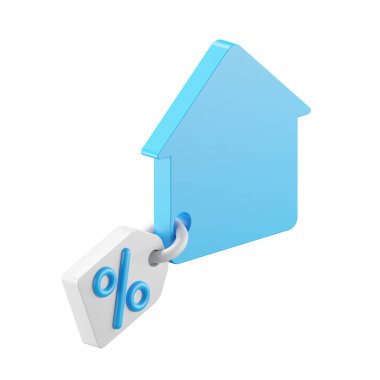 Ev ve fiyat etiketinin 3 boyutlu oluşturulması izole edilmiş arkaplan.