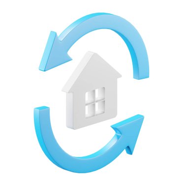 Evin 3d simgesi ve daire oku izole edilmiş arkaplan.