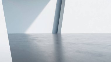 Boş beton zemin ve araba sunumu arka planına sahip soyut modern mimarinin 3D görüntüsü.