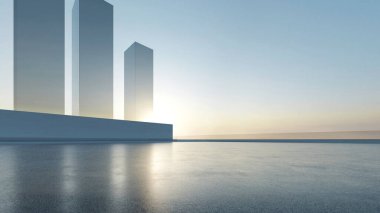 Soyut fütüristik cam mimarisinin boş beton zeminli 3D görüntüsü.