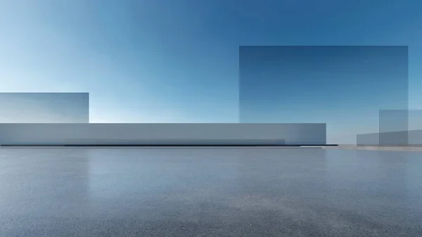 Rendering Einer Abstrakten Futuristischen Glasarchitektur Mit Leerem Betonboden — Stockfoto