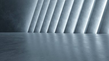 Karanlık, soyut mimari ve boş beton zeminli neon ışığın 3D yansıması.